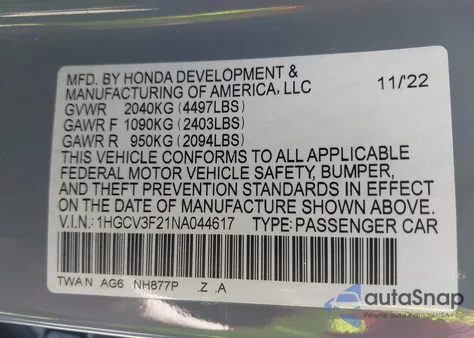2022 Honda Accord Hybrid Sport from USA, damaged, VIN 1HGCV3F21NA044617